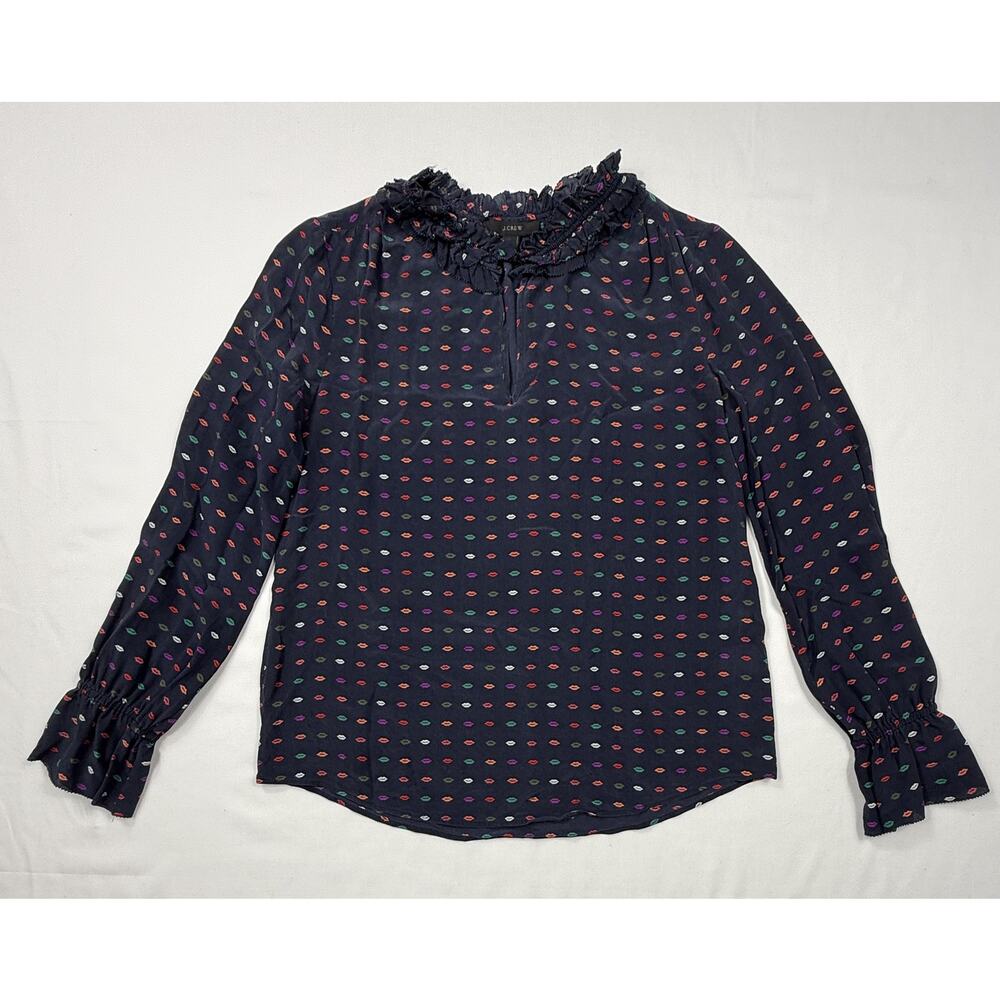 J.Crew 100% Silk Ruffle Neck Lip Print Blouse Navy Rainbow Kisses Size 4